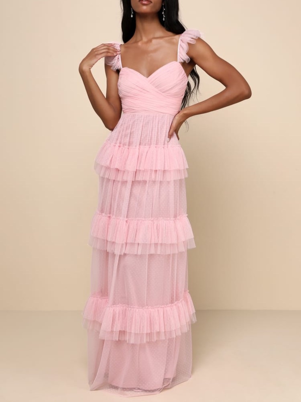 Lulus Pure Radiance Pink Mesh Swiss Dot Tiered Maxi Dress NWT